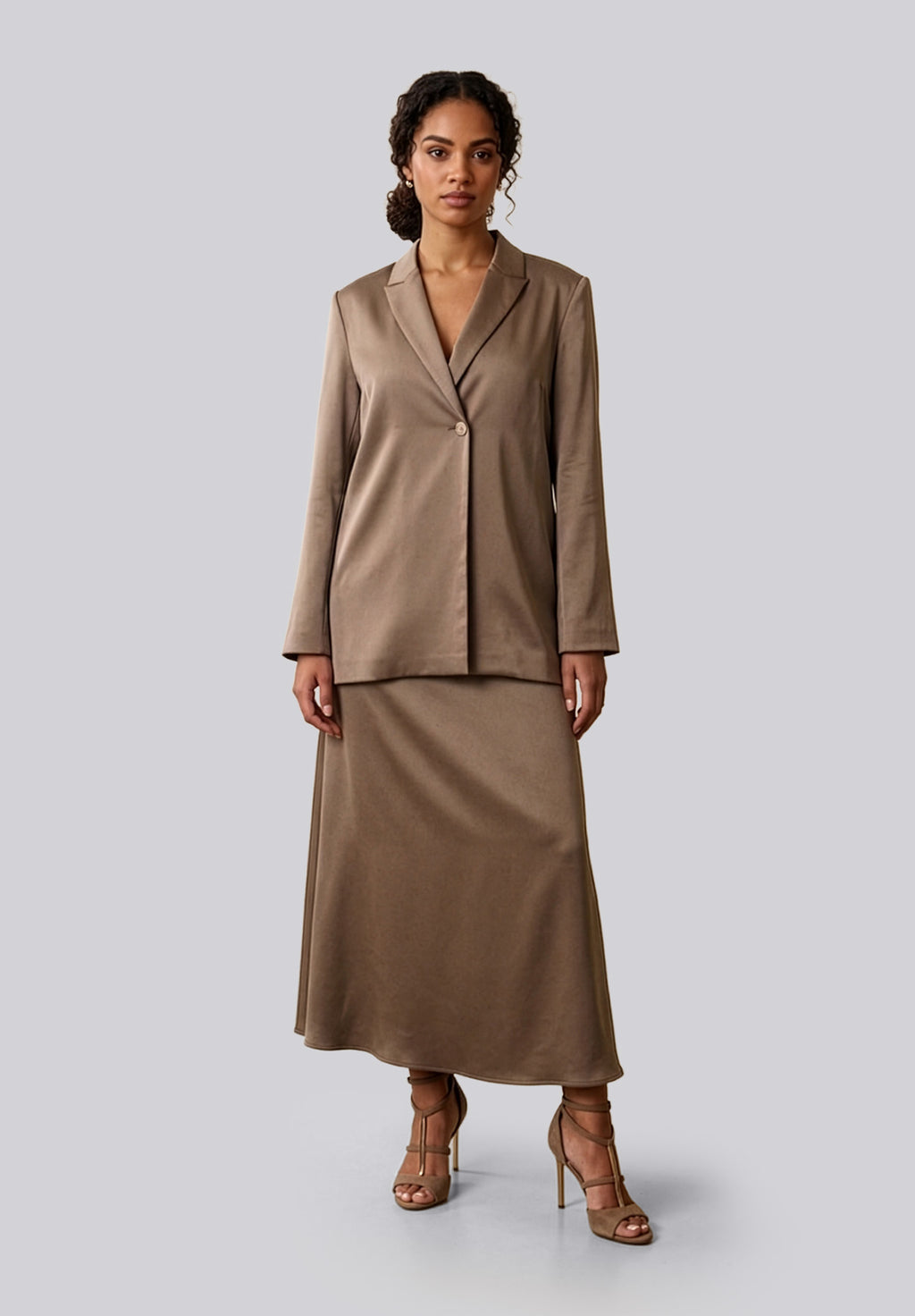 Satin modest twinset in ash brown – Hijabaya