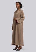 Satin modest maxi dress in ash brown and burgundy – Hijabaya