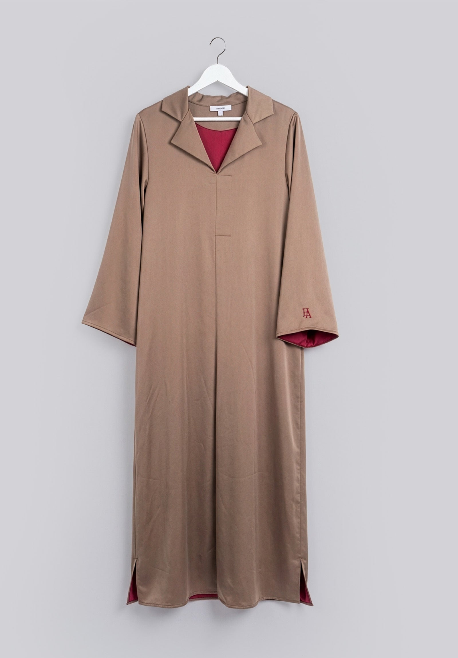 Satin modest maxi dress in ash brown and burgundy Hanged – Hijabaya